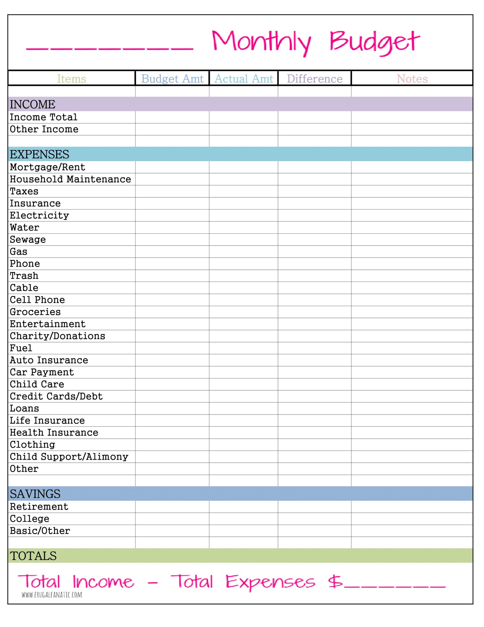 Downloadable Monthly Budget Planner Template