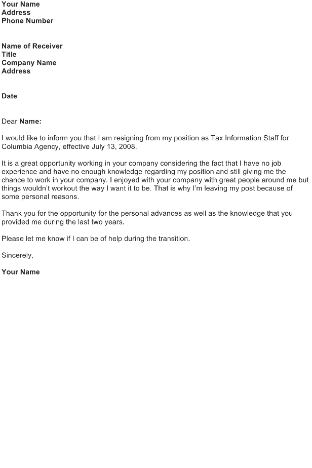 Sample Of Resignation Letter With Immediate Effect from officewriting.com