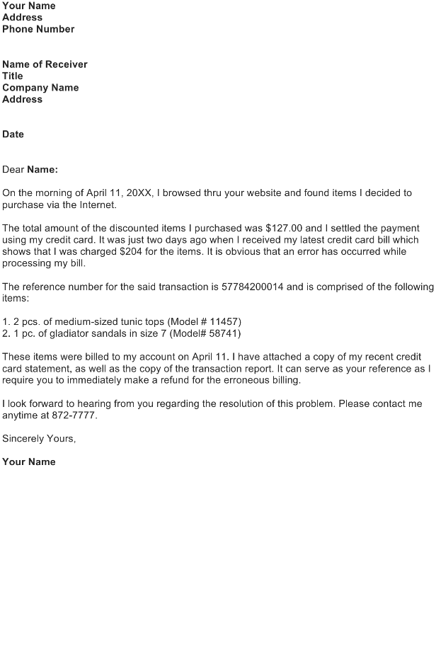 complaint letter to credit card company