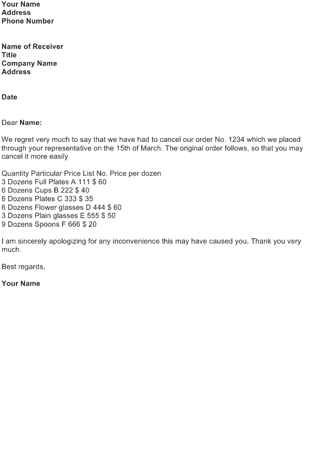Cancel an Order Letter Sample – FREE Download