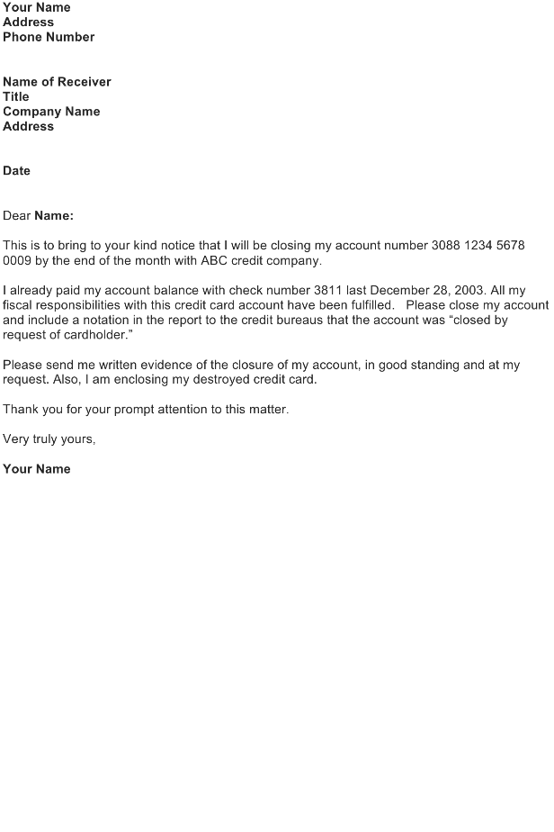 Close Credit Card Account Letter