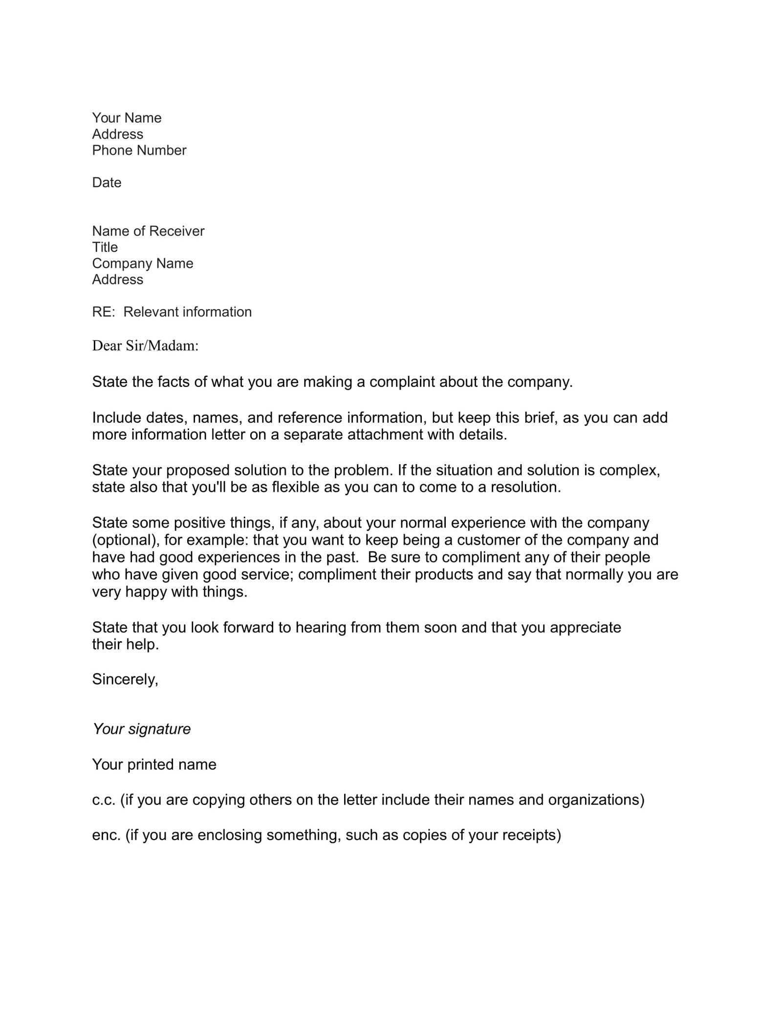 COMPANY COMPLAINT LETTER SAMPLE – FREE DOWNLOAD