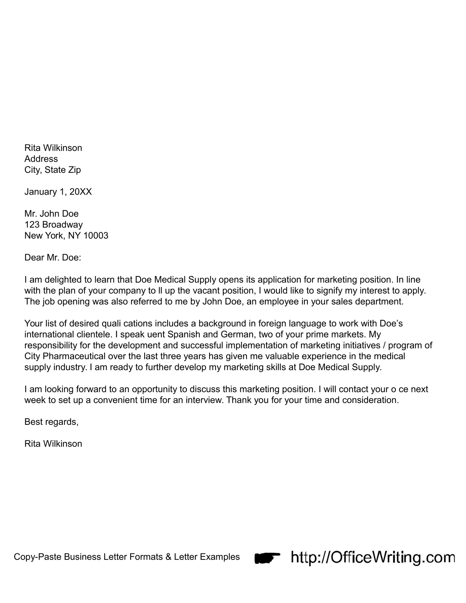 a good example of application letter for job