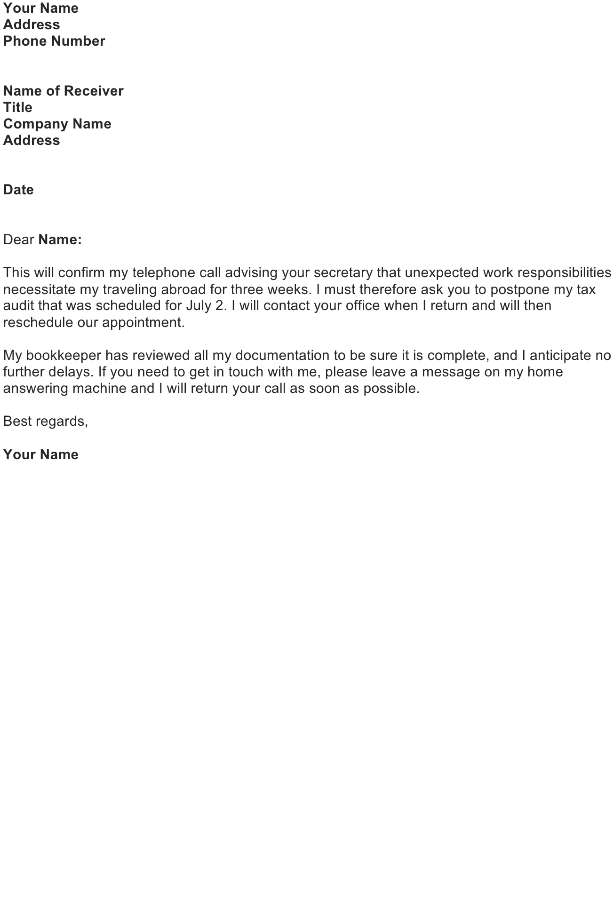 request letter meeting postpone FREE Template  Tax Postpone Letter audit an Appointment: